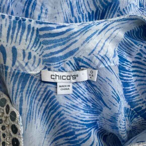 Chico's Womens Blue Shell Print Embellished V-Neck 3/4 Sleeve Tunic Top Size 0 - Picture 3 of 7